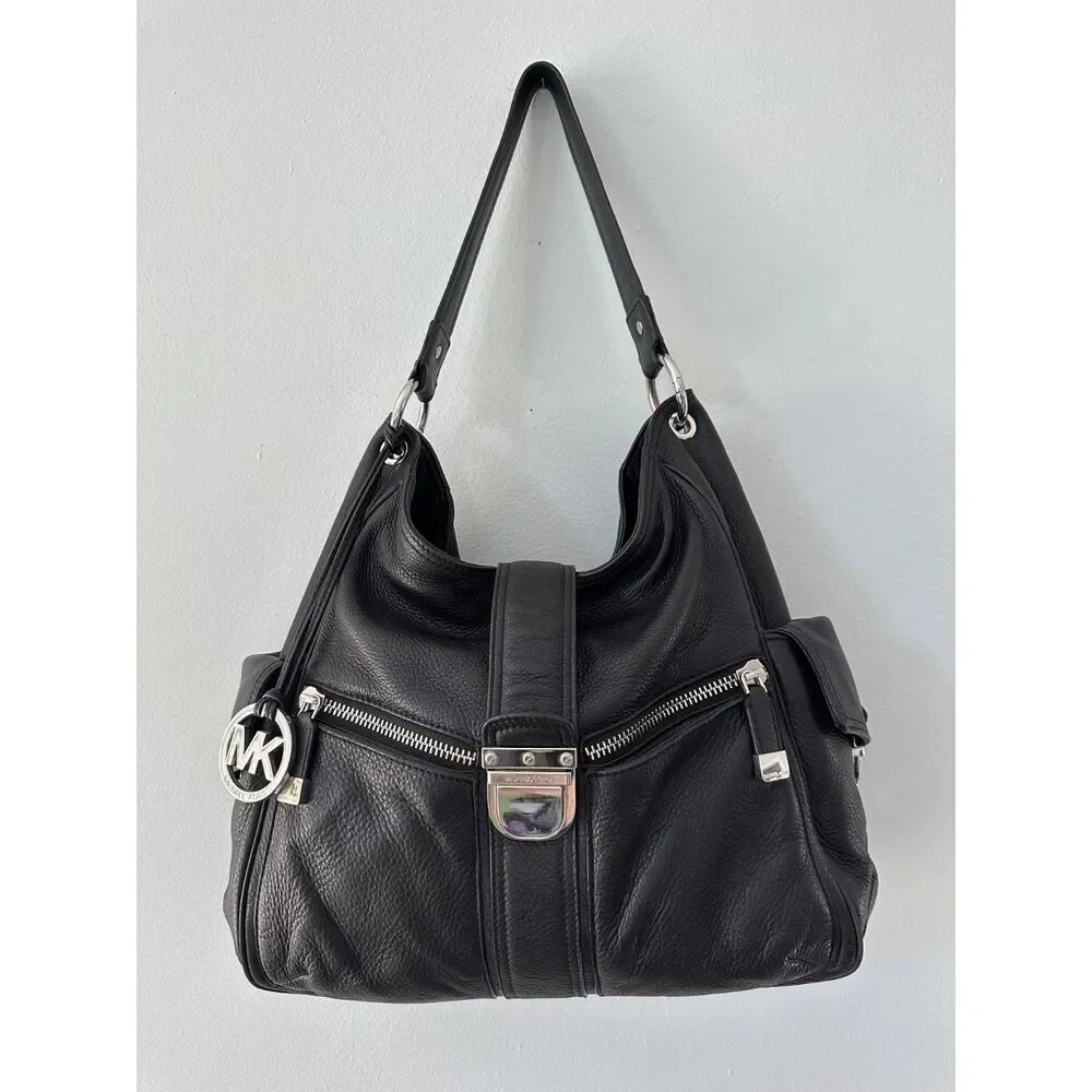 Michael Kors Black Pebbled Leather Hobo Shoulder Bag Silver Hardware MK Charm